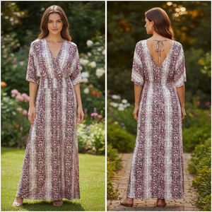 Hazel Blues Maxi Dress XL White Pink Snakeskin Print Lower Side Slits Tie Back